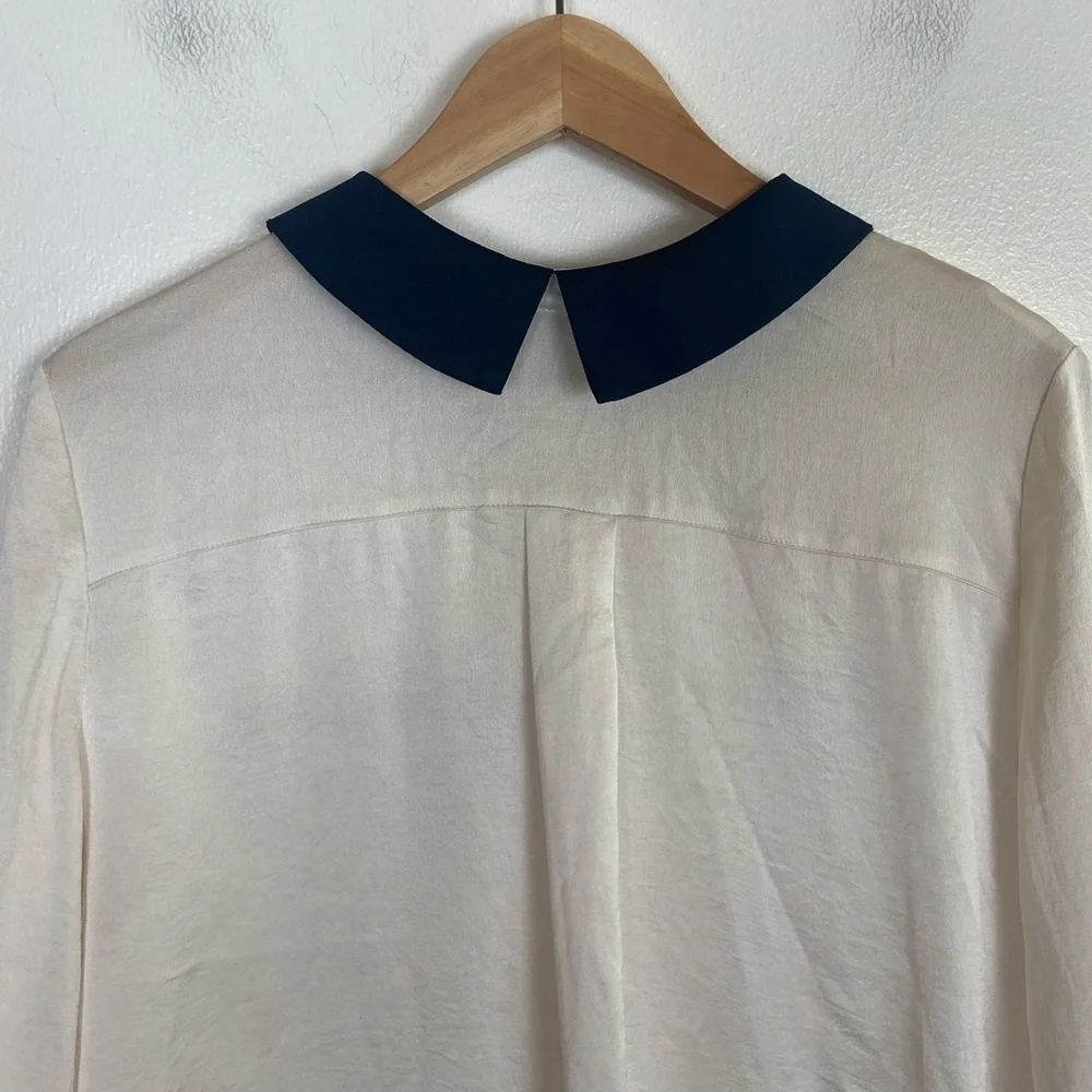Zara Basic Women's Satin Top L Cream Nerd Preppy Mother Pearl Button Long Sleeve